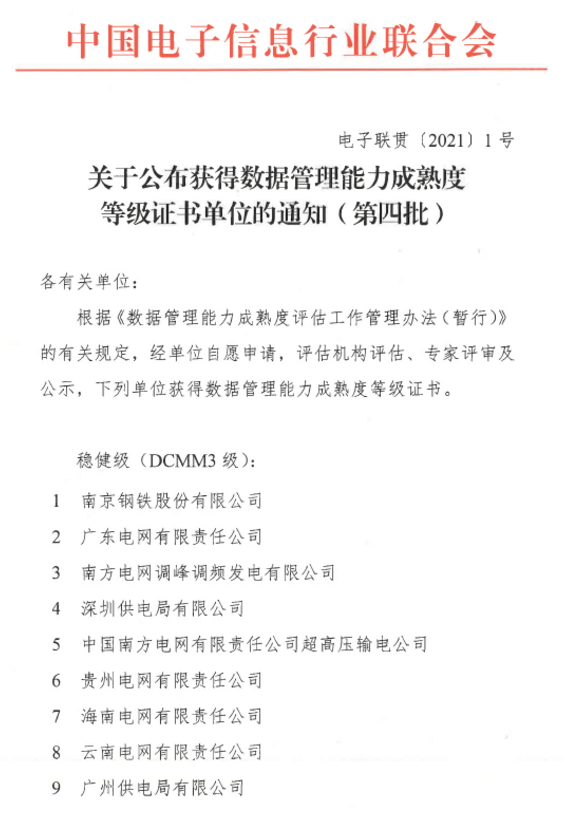 DCMM關(guān)于公布獲得數(shù)據(jù)管理能力成熟度等級證書單位的通知（第四批）